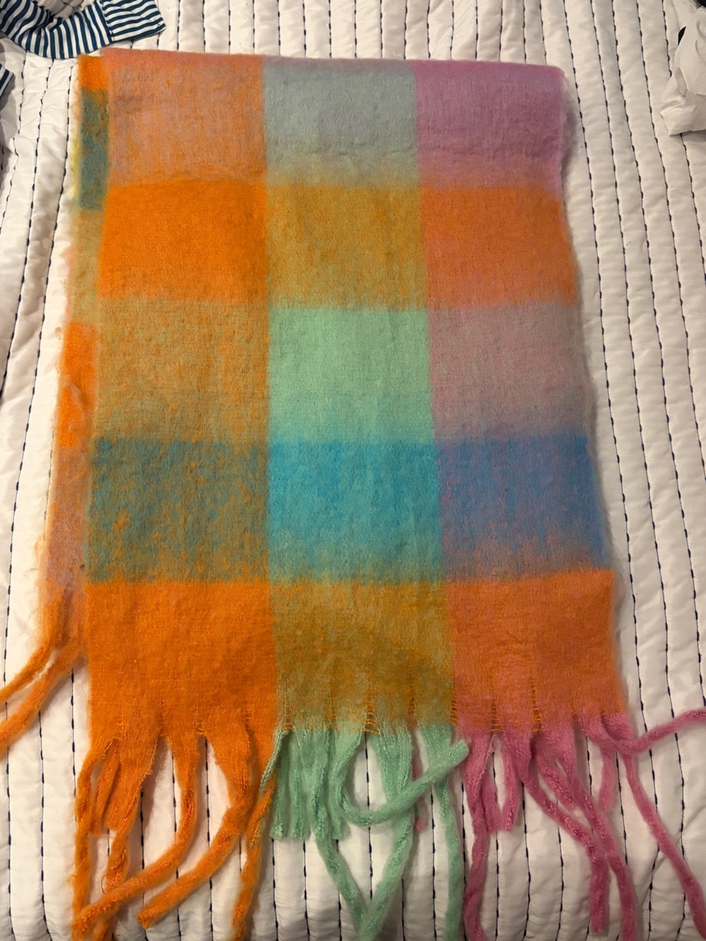 Colorful Plaid Accent Scarf - Orange, Blue, Green